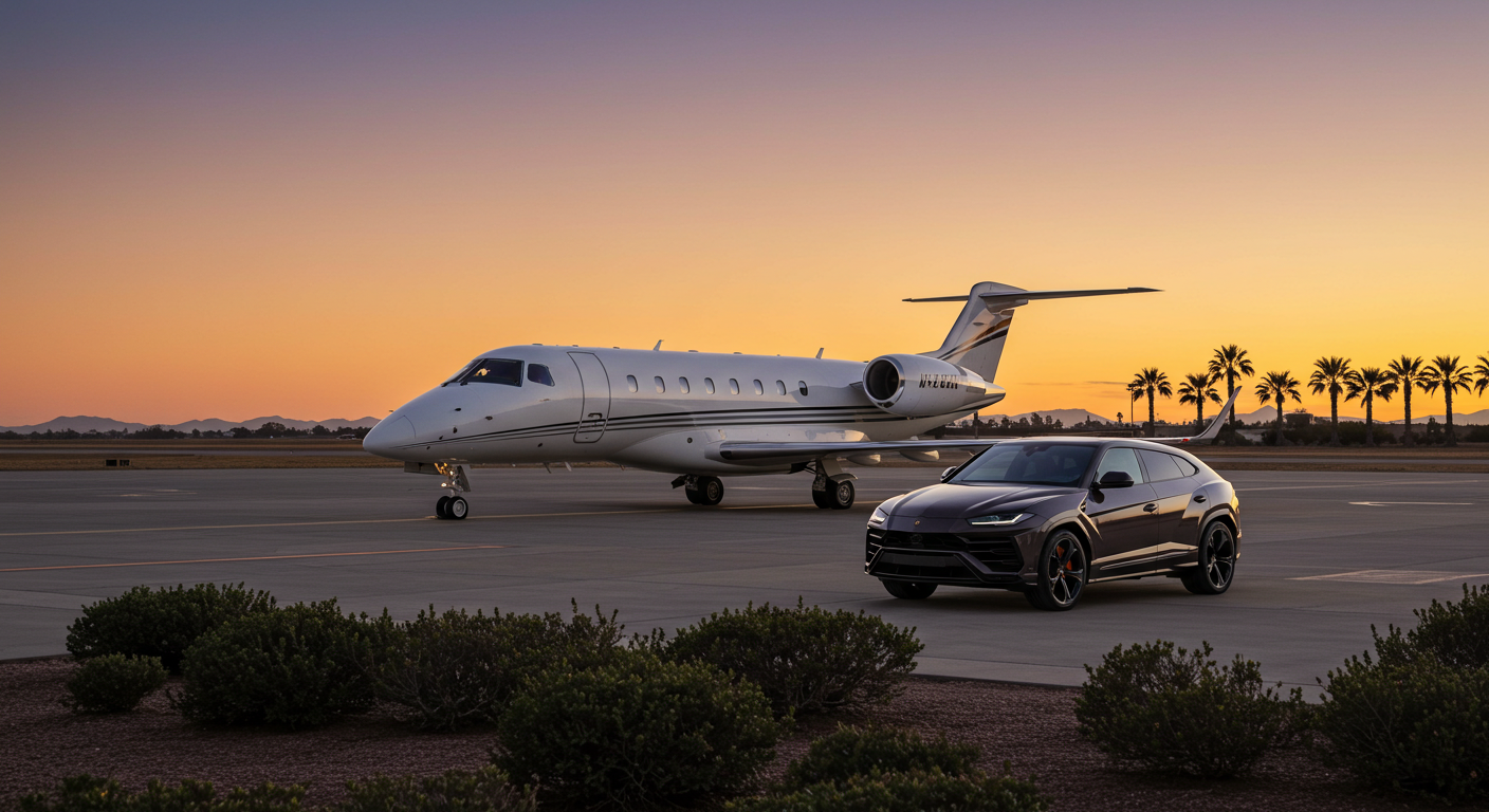Luxury car next to a luxury jet