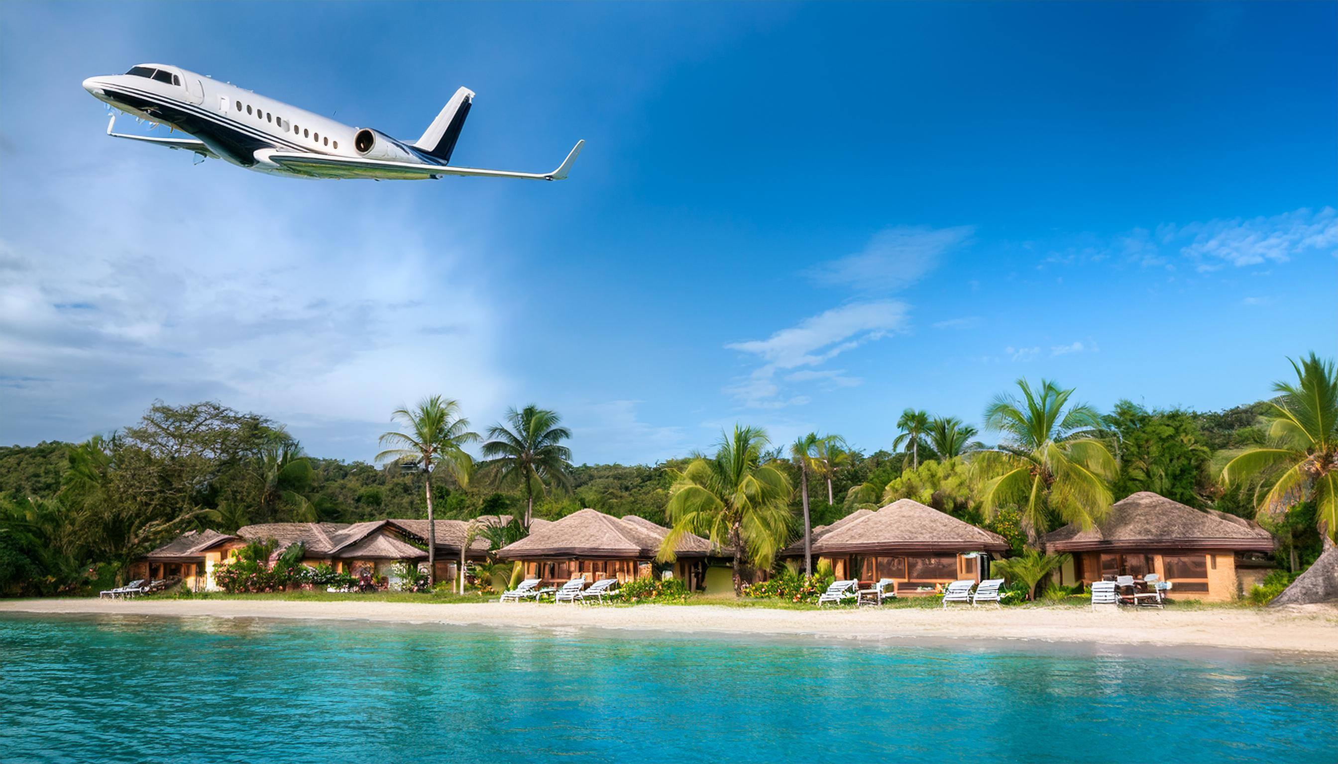 Firefly small private jet flying past a vacation resort with bungalows 35113